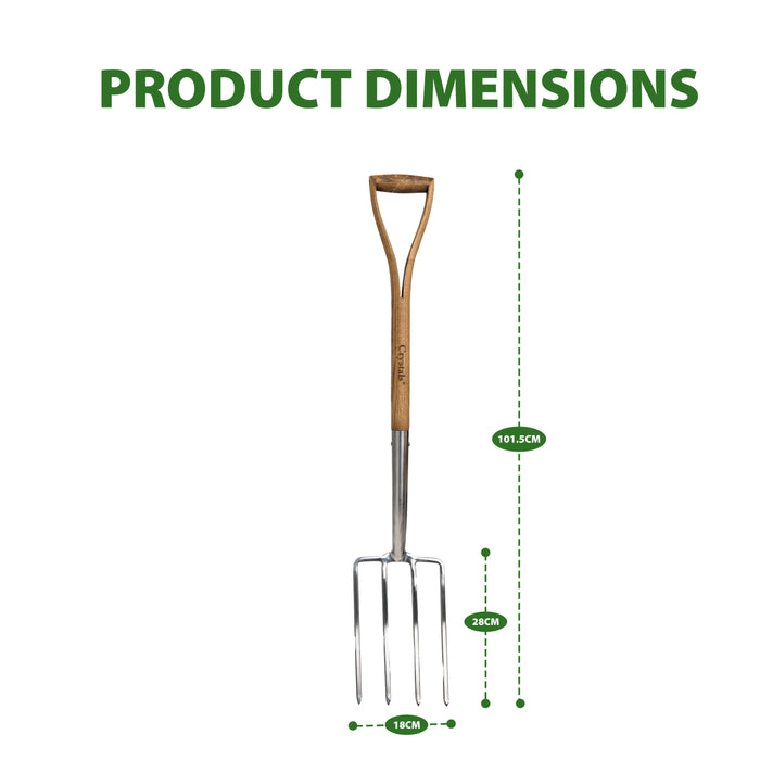 Heavy-duty stainless steel garden fork with ergonomic ash wood handle for comfortable gardening and lawn care.
