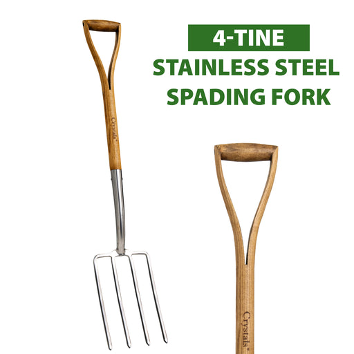 Close-up of rust-resistant stainless steel garden fork head with sharp tines, perfect for digging tough soil and turning compost.