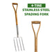 Close-up of rust-resistant stainless steel garden fork head with sharp tines, perfect for digging tough soil and turning compost.