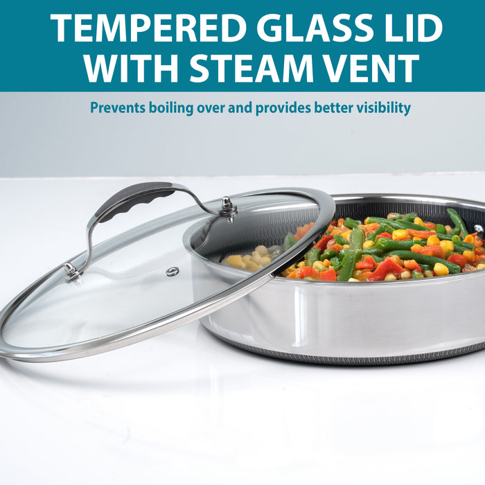 Stylish stainless steel non stick frying pan with clear glass lid
