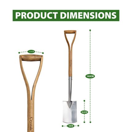 Close-up of the mirror-polished stainless steel blade, rust-resistant and designed to reduce soil adhesion for effortless gardening.