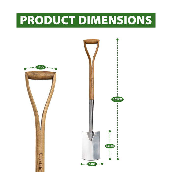 Close-up of the mirror-polished stainless steel blade, rust-resistant and designed to reduce soil adhesion for effortless gardening.