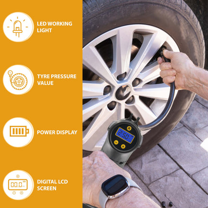 Tyre inflator with nozzle adaptors including ball needle for UK sports equipment.
