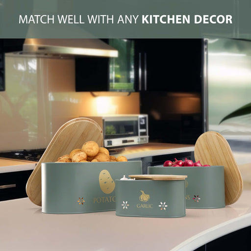 Set of 3 grey metal vegetable storage tins for potatoes, onions, and garlic.