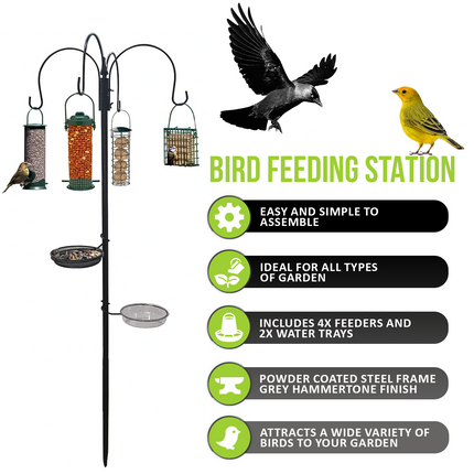 Outdoor wild bird feeder station with baffle dome to stop squirrels.