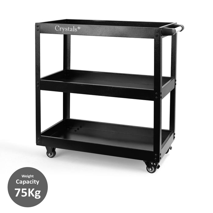 Black metal workshop tool cart with lockable swivel castors, perfect for professional mechanics in the UK.