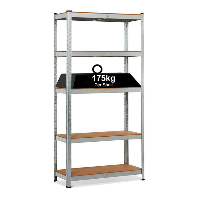 Heavy-duty 5-tier galvanized metal shelving unit for garage, warehouse, and office storage. Adjustable and versatile, designed for heavy-duty storage in the UK