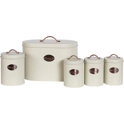 5pc Storage Tins Bread Bin Cream with Canisters