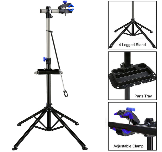Adjustable Folding Bike Repair Stand with 360° Clamp & Parts Tray