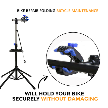 Adjustable Folding Bike Repair Stand with 360° Clamp & Parts Tray