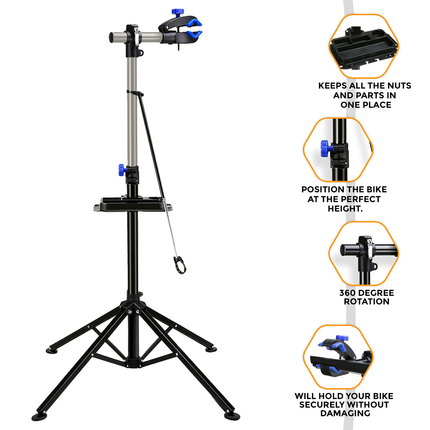 Adjustable Folding Bike Repair Stand with 360° Clamp & Parts Tray