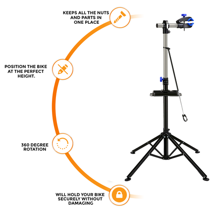 Adjustable Folding Bike Repair Stand with 360° Clamp & Parts Tray