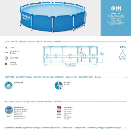 Bestway Steel Pro Swimming Pool with Filter Pump - 366 x 76 cm
