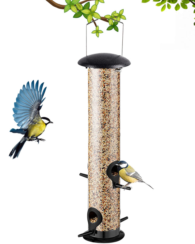 Metal hanging seed bird feeder for UK gardens squirrel resistant design